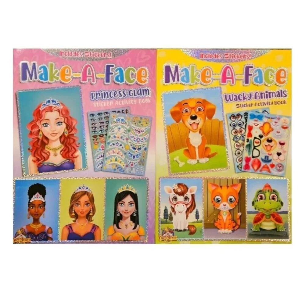 Make-a-Face Princess Glam & Wacky Animals Sticker Face Activity Books Set of 2